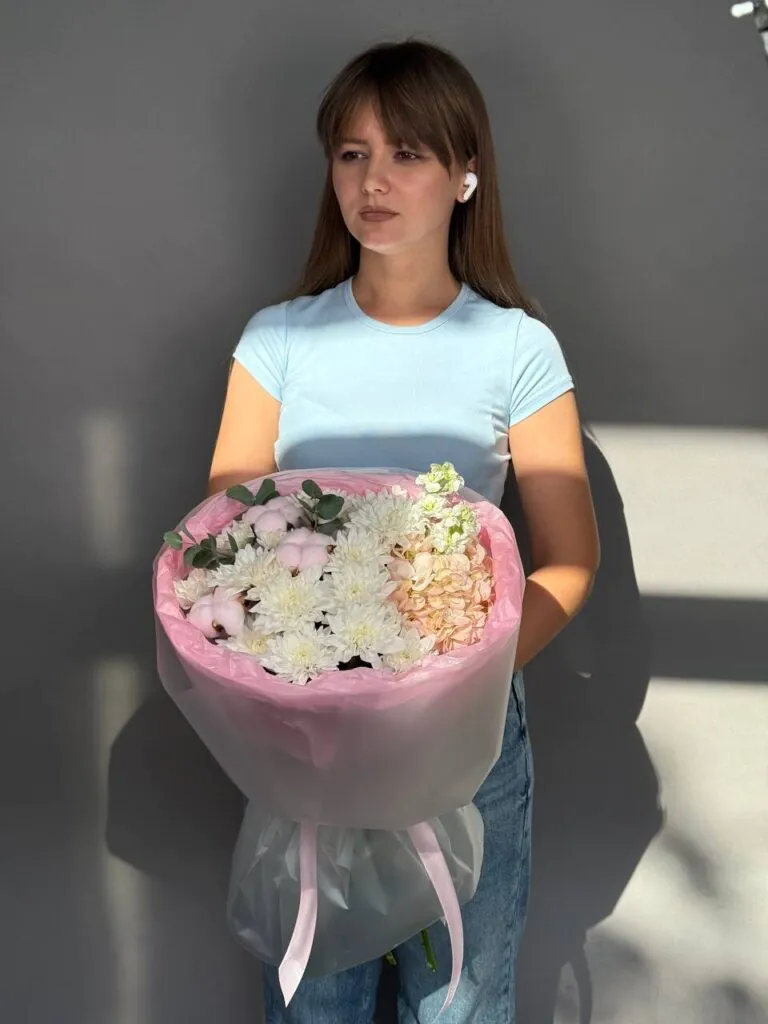 Букет из гортензии, эвкалипта, маттиолы,хлопка и хризантем (S) — фото 2